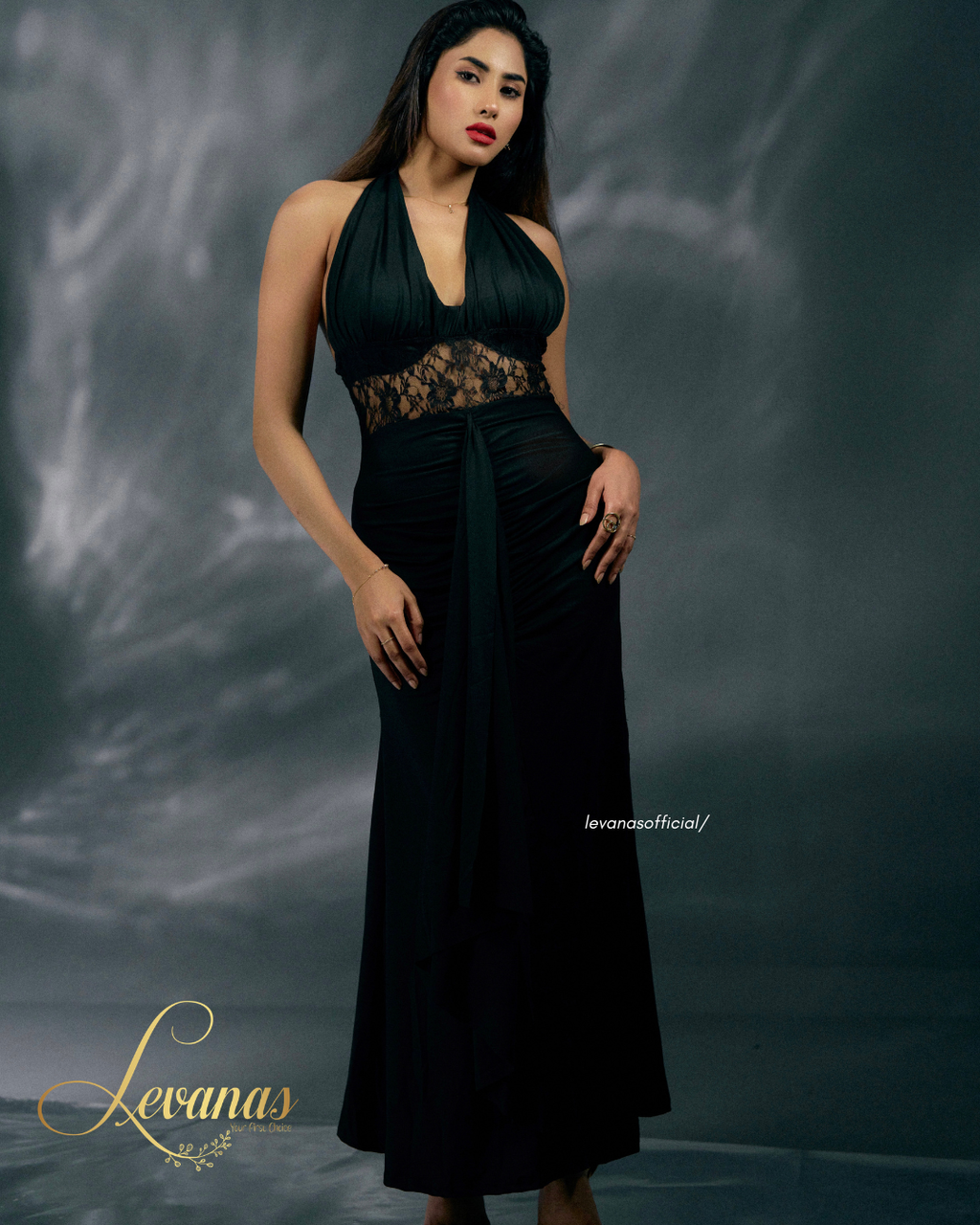 Black Lace Halter Dress  | Long Skirt
