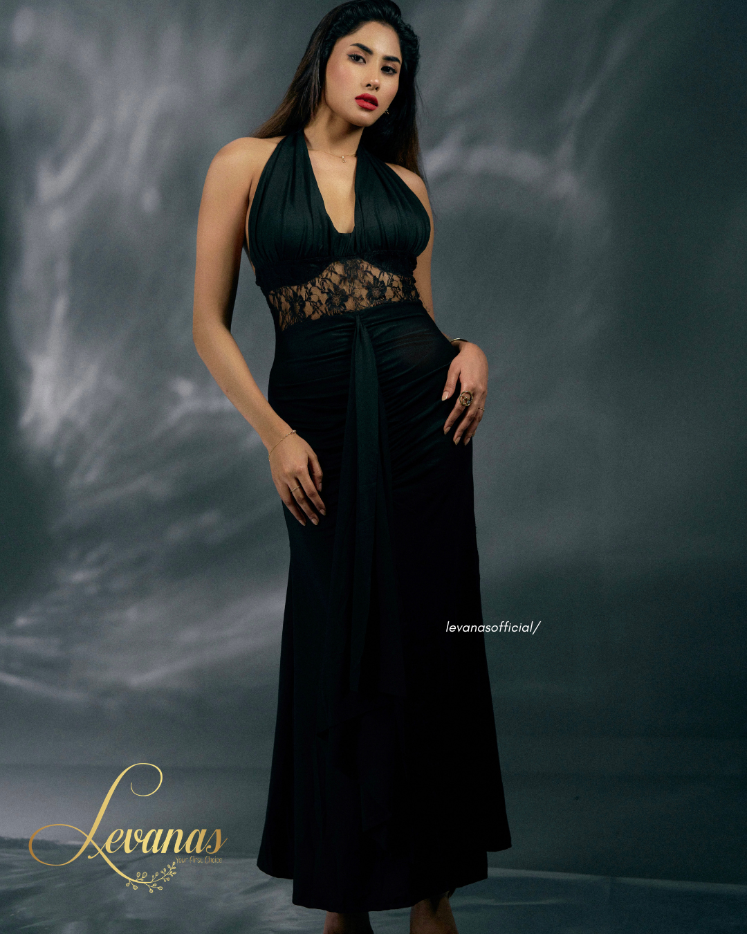 Black Lace Halter Dress  | Long Skirt