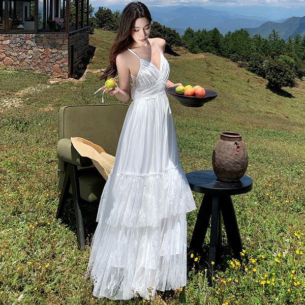 Bohemian Vacation White Lace Splicing Backless Large Hem Dress
